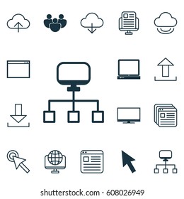 Set Of 16 Online Connection Icons. Includes Virtual Storage, Website Bookmarks, Team And Other Symbols. Beautiful Design Elements.
