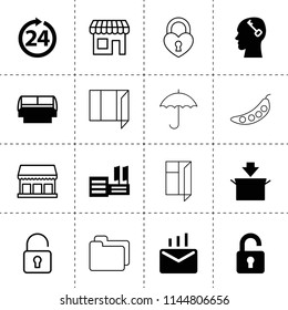 Set of 16 open filled and outline icons such as package, key in head, 24 hours, supermarket, store window, mail, unlock, pea, folder, window, heart lock, store, shop