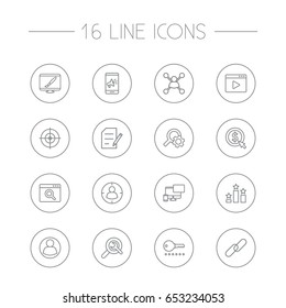 Set Of 16 Optimization Outline Icons Set.Collection Of Stock Exchange, Copyright, Item Identifier And Other Elements.