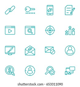 Set Of 16 Optimization Outline Icons Set.Collection Of Guest, Arrangement, Keywords And Other Elements.