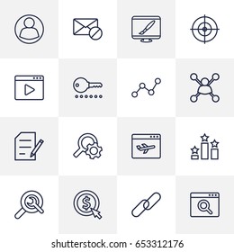 Set Of 16 Optimization Outline Icons Set.Collection Of SEO Test, Url, Choice And Other Elements.