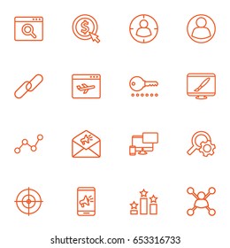 Set Of 16 Optimization Outline Icons Set.Collection Of Stock Exchange, Targeting, Running Title And Other Elements.