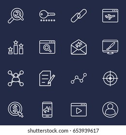 Set Of 16 Optimization Outline Icons Set.Collection Of SEO Test, Marketing, Web Design And Other Elements.