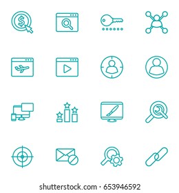 Set Of 16 Optimization Outline Icons Set.Collection Of Running Title, Keywords, Cost Per And Other Elements.