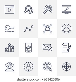Set Of 16 Optimization Outline Icons Set.Collection Of Style, Guest, Wrench And Other Elements.