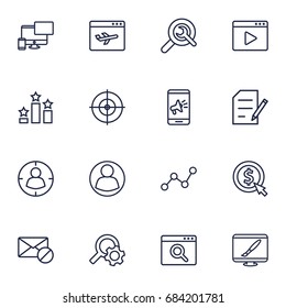 Set Of 16 Optimization Outline Icons Set.Collection Of Video Marketing, Targeting, Style And Other Elements.