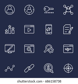 Set Of 16 Optimization Outline Icons Set.Collection Of Goal, Application Analytics, SEO Test And Other Elements.
