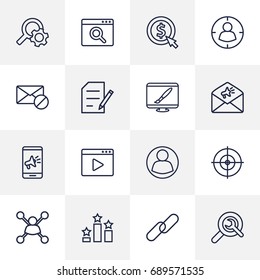 Set Of 16 Optimization Outline Icons Set.Collection Of Copyright, Mobile, Url And Other Elements.