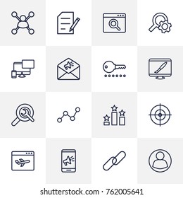 Set Of 16 Optimization Outline Icons Set.Collection Of Style, Copyright, Advertising And Other Elements.