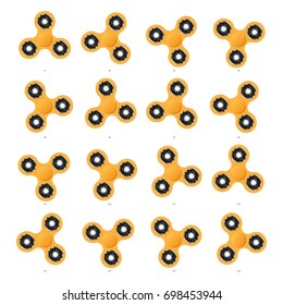 Set of the 16 orange fidget spinners. Frames of the spinner toy for rotating animation.