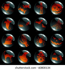 Set of 16 orange-on-black Halloween buttons (Eps10); jpg version also available
