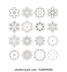 Set of 16 ornate vector mandala symbols. Set of knot symbols, geometric design decorative elements. Set of ornamental round frames.