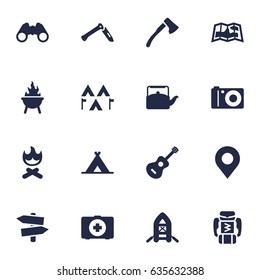 Set Of 16 Outdoor Icons Set.Collection Of Backpack, Wood Axe, Jackknife And Other Elements.