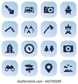Set Of 16 Outdoor Icons Set.Collection Of Camp, Bbq, Jackknife And Other Elements.