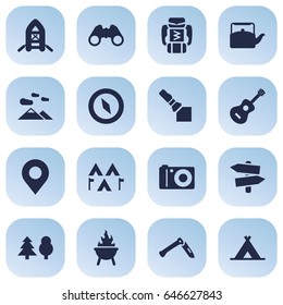 Set Of 16 Outdoor Icons Set.Collection Of Landscape , Acoustic, Inflatable Raft Elements.