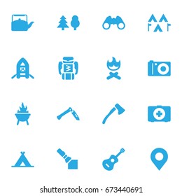 Set Of 16 Outdoor Icons Set.Collection Of Bbq, Flashlight, Inflatable Raft And Other Elements.