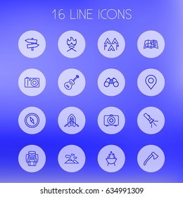 Set Of 16 Outdoor Outline Icons Set.Collection Of Rubber Boat, Gps, Grill And Other Elements.