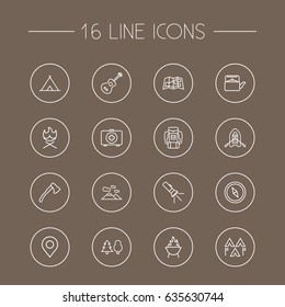 Set Of 16 Outdoor Outline Icons Set.Collection Of Mountains, Baggage, Grill And Other Elements.