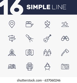 Set Of 16 Outdoor Outline Icons Set.Collection Of Baggage, Rubber Boat, Ax And Other Elements.