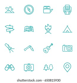 Set Of 16 Outdoor Outline Icons Set.Collection Of Compass, Baggage, Teapot And Other Elements.