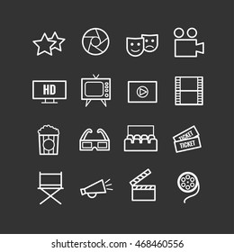 Set of 16 outline cinema icons. Thin icons for web and mobile apps design