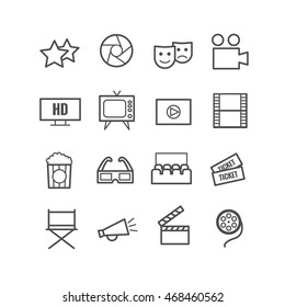 Set of 16 outline cinema icons. Thin icons for web and mobile apps design