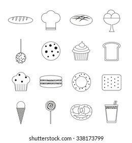 Set of 16 outline icons for bakery. Loaf, chef hat, bread, ice cream, caramel apple, cookie, cupcake, muffin, macaron, bagel, cracker, lollipop, bun, cocoa.