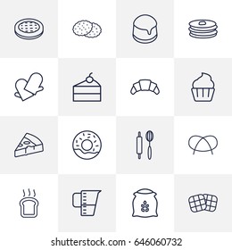 Set Of 16  Outline Icons Set.Collection Of Gloves, Apple Pie, Pizza And Other Elements.
