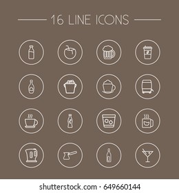 Set Of 16  Outline Icons Set.Collection Of Wine Cask, Ice Bucket, Green And Other Elements.