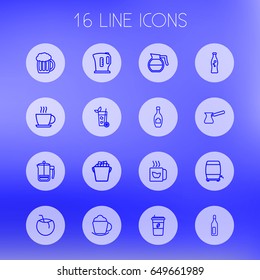 Set Of 16  Outline Icons Set.Collection Of Cappuccino, Soda, Coffee And Other Elements.