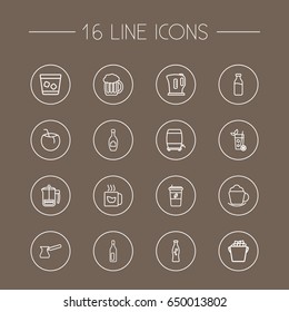 Set Of 16  Outline Icons Set.Collection Of Wine Cask, Ice Bucket, Champagne And Other Elements.