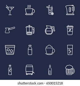Set Of 16  Outline Icons Set.Collection Of Soda, Cappuccino, Cocktail And Other Elements.