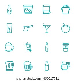 Set Of 16  Outline Icons Set.Collection Of Hotdrink, Lime, Ice And Other Elements.