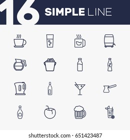 Set Of 16  Outline Icons Set.Collection Of Cocktail, Wine Cask, Hotdrink And Other Elements.