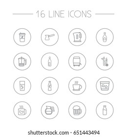 Set Of 16  Outline Icons Set.Collection Of Glass, Wine Cask, Cappuccino And Other Elements.