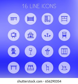 Set Of 16 Set Outline Icons Set.Collection Of Desk, Floor Lapm, Hall Tree And Other Elements.