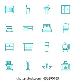 Set Of 16 Set Outline Icons Set.Collection Of Closet, Chandelier, Fireplace Elements.