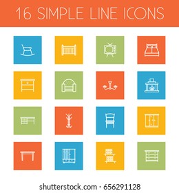 Set Of 16 Set Outline Icons Set.Collection Of Double Bed, Drawer Unit, Closet And Other Elements.