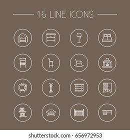 Set Of 16 Set Outline Icons Set.Collection Of Double Bed, Desk, Chair And Other Elements.