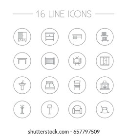 Set Of 16 Set Outline Icons Set.Collection Of Hanger, Washbasin, Closet And Other Elements.