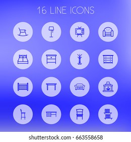 Set Of 16 Set Outline Icons Set.Collection Of Tv Set, Bookshelf, Chair And Other Elements.