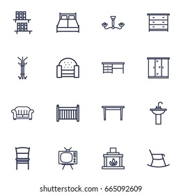 Set Of 16 Set Outline Icons Set.Collection Of Sofa, Bookshelf, Washbasin And Other Elements.
