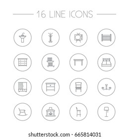 Set Of 16 Set Outline Icons Set.Collection Of Table, Fireplace, Bar Stool And Other Elements.