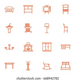 Set Of 16 Set Outline Icons Set.Collection Of Tv Set, Chair, Double Bed And Other Elements.