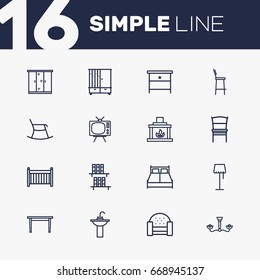 Set Of 16 Set Outline Icons Set.Collection Of Table, Bookshelf, Floor Lapm And Other Elements.