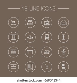 Set Of 16 Set Outline Icons Set.Collection Of Hanger, Armchair, Drawer Unit And Other Elements.
