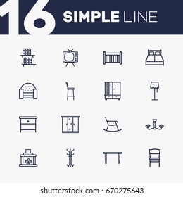 Set Of 16 Set Outline Icons Set.Collection Of Tv Set, Moving Chair, Bar Stool And Other Elements.