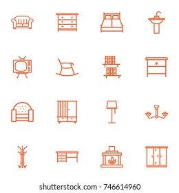 Set Of 16 Set Outline Icons Set.Collection Of Moving Chair, Washbasin, Tv Set And Other Elements.