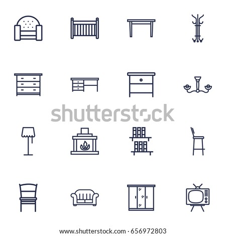 Set Of 16 Set Outline Icons Set.Collection Of Bar Stool, Closet, Chandelier Elements.