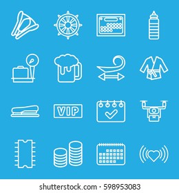  Set of 16   outline icons such as vip, lugagge weight, curly hair, heart, helm, stapler, coin, cpu, calendar, kimono, beer mug, medical drone